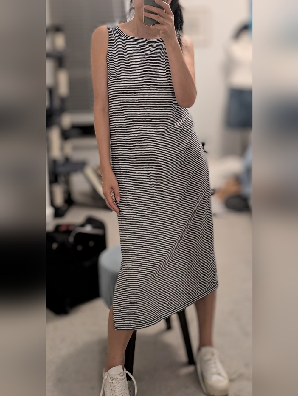 Talbots Black and White Striped Sleeveless Midi Dress With Side Slits.